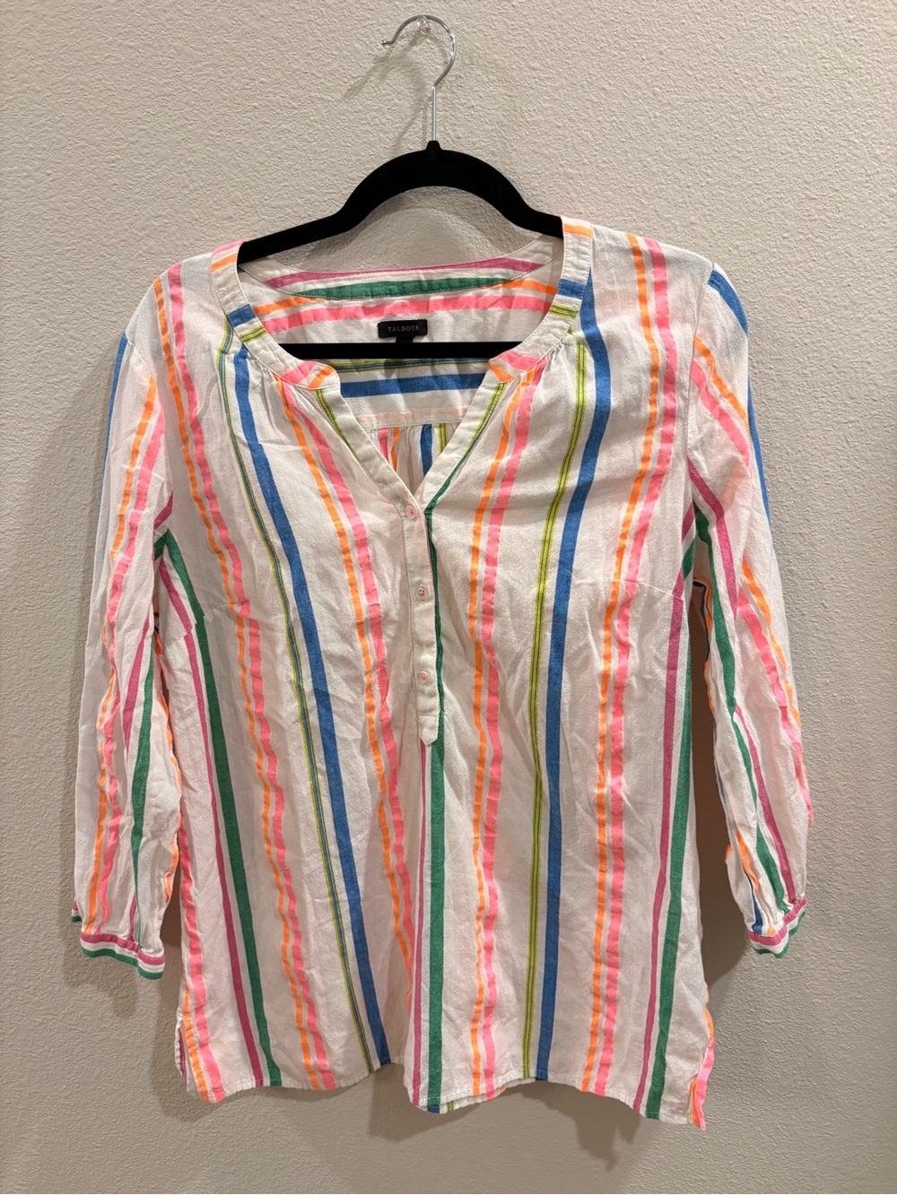 Talbots White Multi-Stripe Lightweight Button Front Top